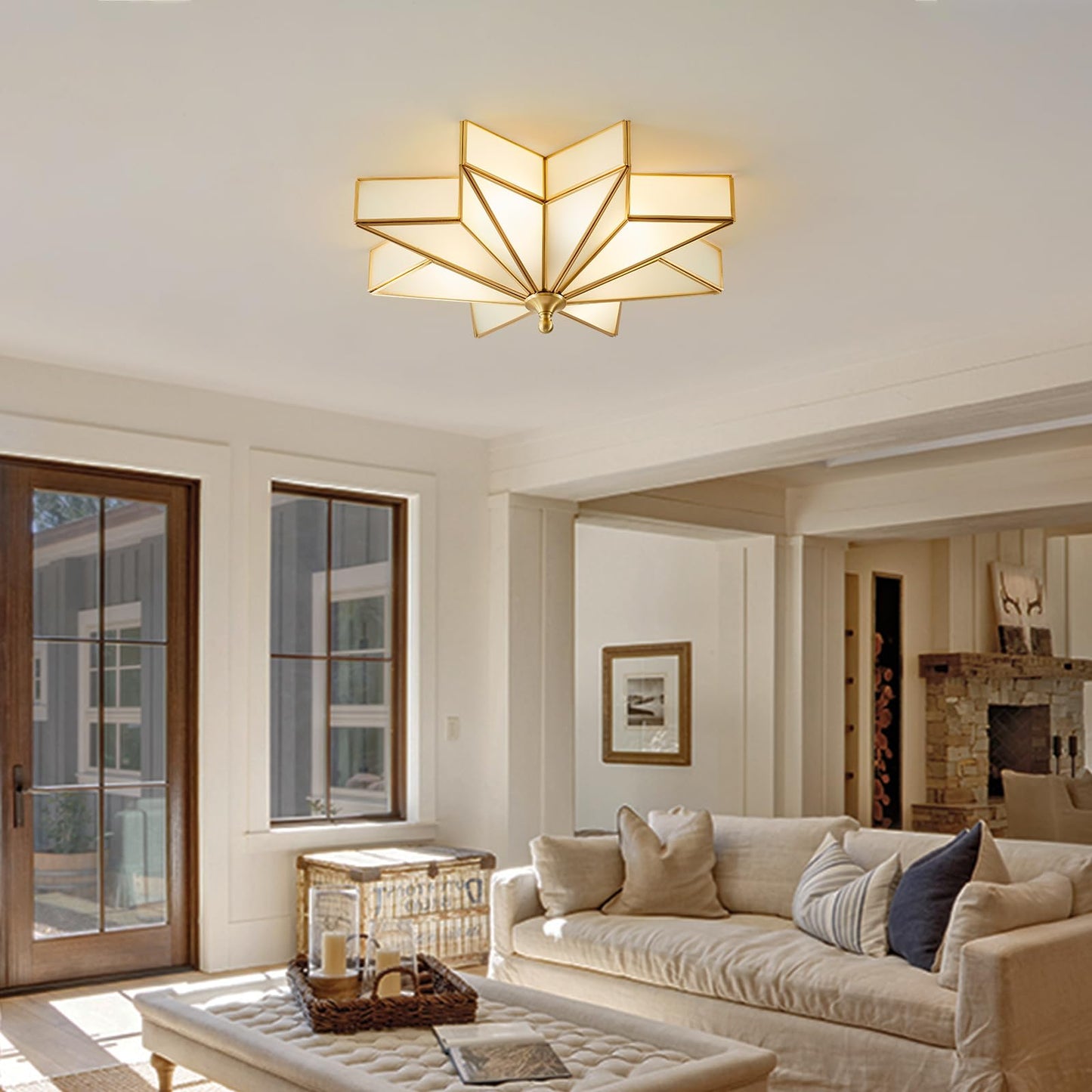 Gold Star Flush Ceiling Light - 19.5 Inch Brass Glass Large Mount Fixture - Art Deco Mid Century Vintage Modern Moravian Lighting Lights for Bedroom Dining Kitchen Foyer Farmhouse Living Room Fixtures