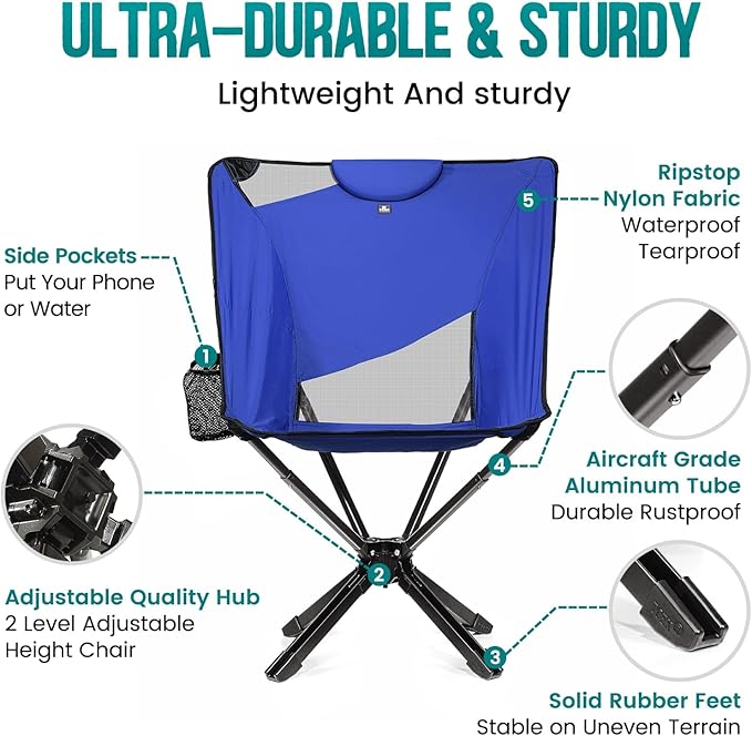 TCEK Portable High Back Camping Chair with Adjustable Height, Small Compact Outdoor Folding Chair for Adults Travel, Riselite Collapsible Lightweight Packable Camp Chairs, Easy Carry and Quick Setup