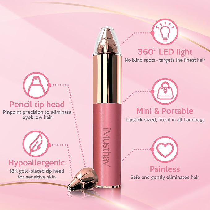 Eyebrow Hair Remover for Women | 18K Gold-Plated Head | 360° LED Light Portable Painless Epilator