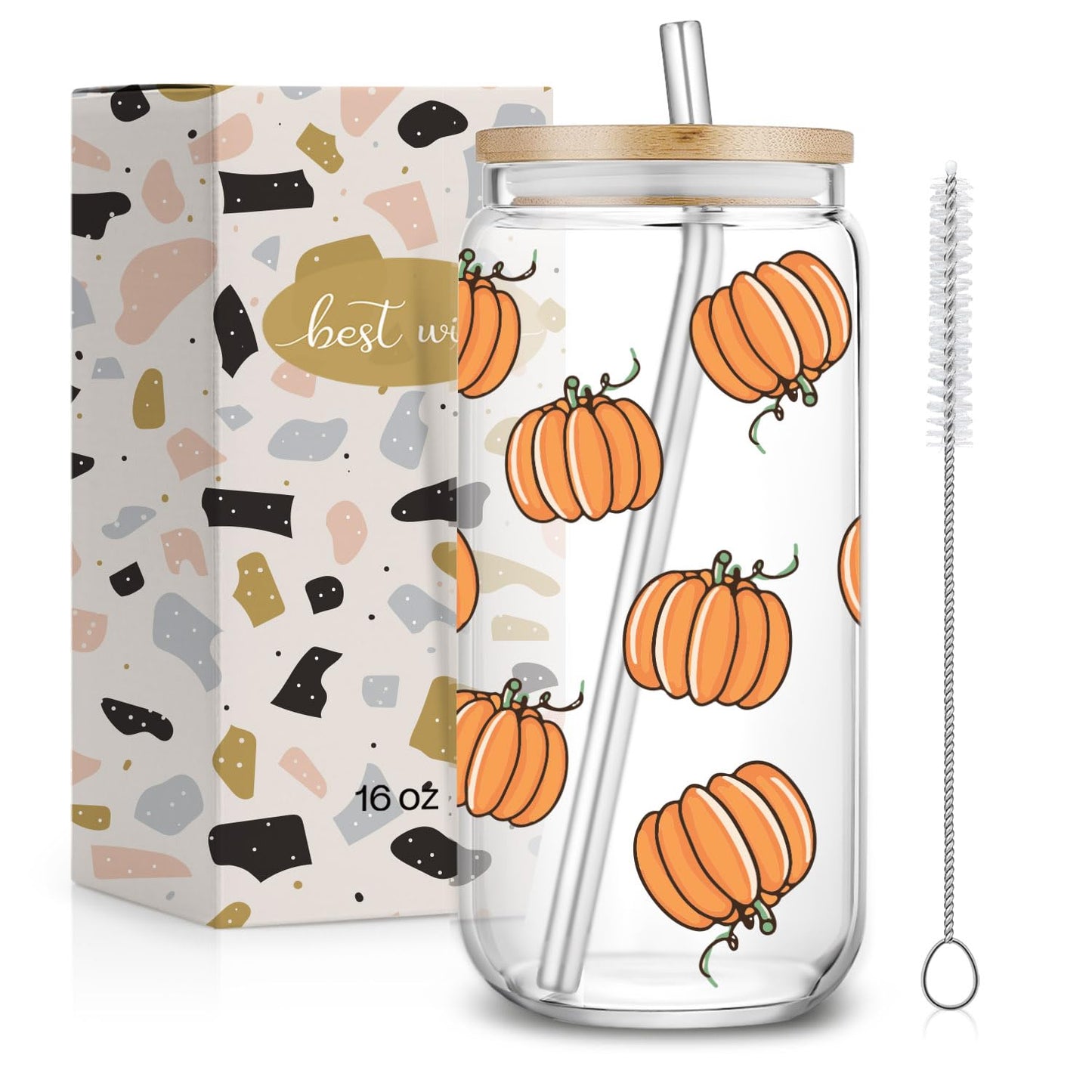 SEWSONG Fall Pumpkin Cup Birthday Gifts for Women Mom Friend Sister,Thanksgiving Glass Tumbler,Pumpkin Mug Glass Cup with Lids and Straws 16oz,Fall Coffee Cups,Halloween Coffee Tumbler