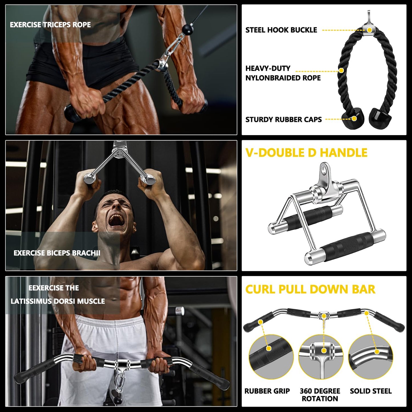 Cable Machine Attachment, LAT Pulldown Attachments, Home Gym Accessories, Triceps Pull Down Attachment (V Handle + Row Handle + Rotating Bar + Tricep Rope + Ankle Straps + D Handle + Curl LAT Bar)