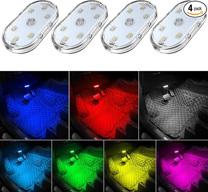 4Pcs Car LED Lights Interior Wireless, 7 Colors Interior Car Lights with 6 Bright LED Lamp Beads, Portable USB Rechargeabl...