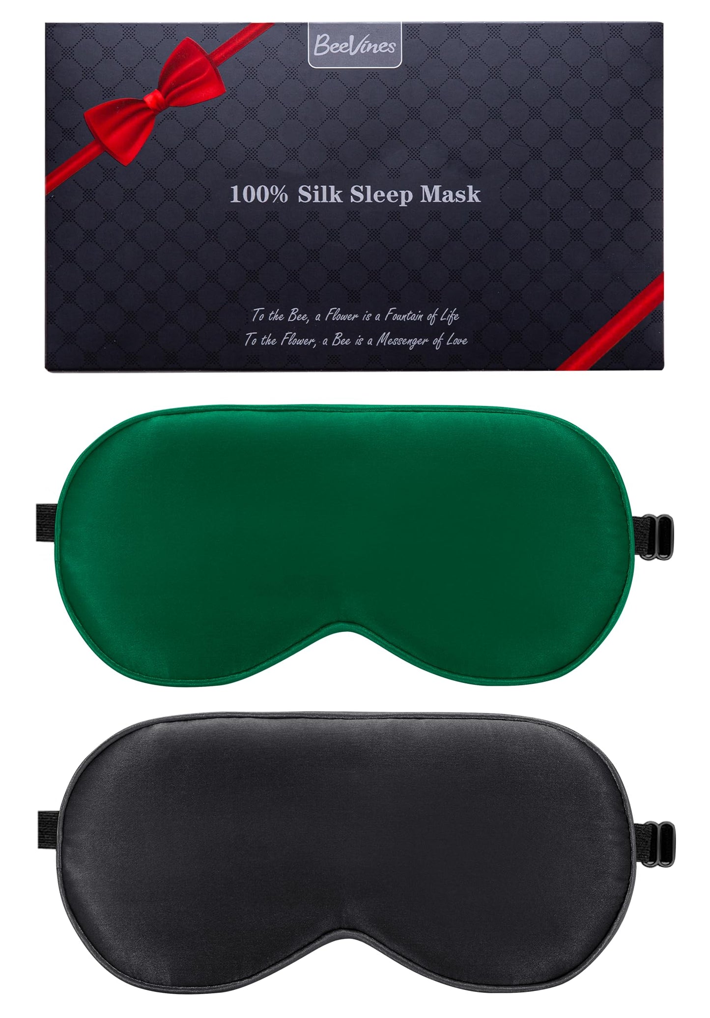 BeeVines 100% Real Mulberry Silk 2 Pack Sleep Mask, Pure Silk Eye Masks with Adjustable Strap for Sleeping, 100% Block Light Eye Shade Cover, Reduces Puffy Eyes Traveling Gifts(Black & Green)