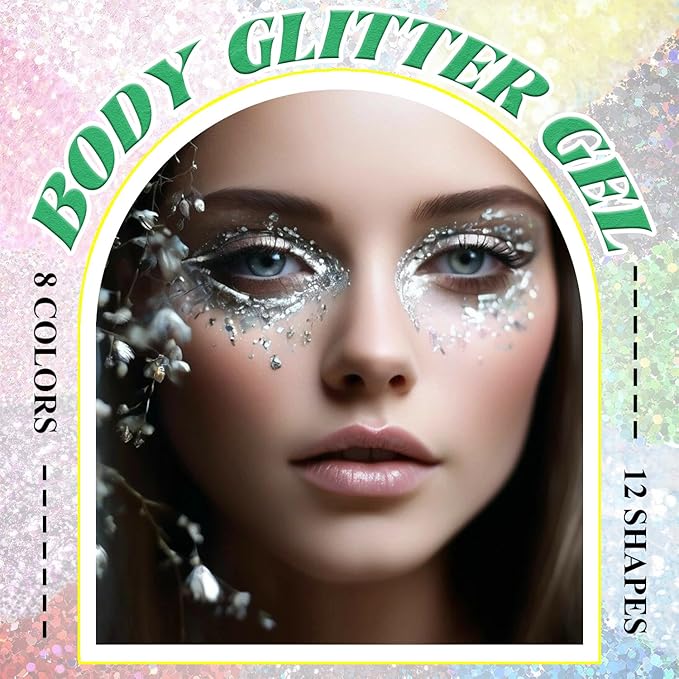 Body Glitter Face Glitter, Hair Glitter for Kids, 12 Shapes Fine Chunky Glitter Gel for Women Girls Makeup Sparkles Party Mermaid Sequins Rave Accessories Singer Concerts Festival (Gold-Silver-Pink)