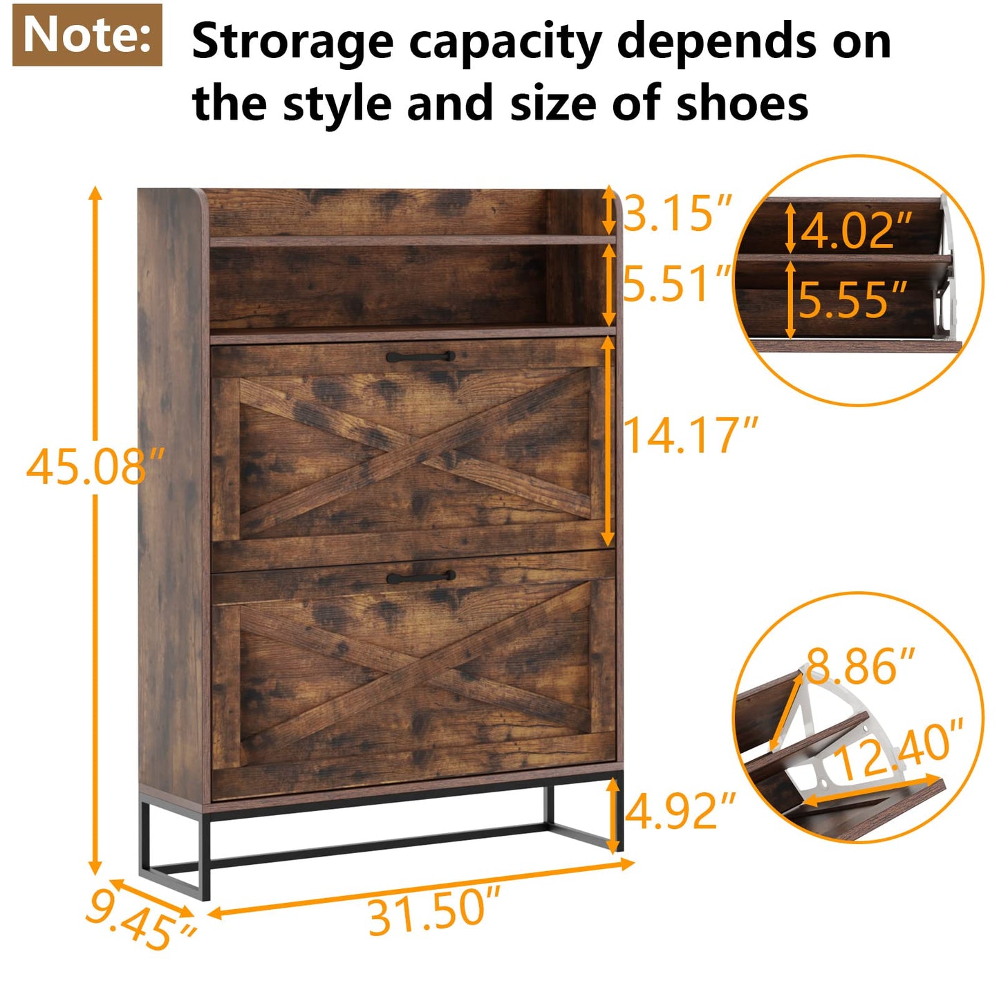 Auromie Shoe Cabinet, Freestanding Tipping Bucket Shoe Storage Cabinet with 2 Flip Drawers, Entryway Shoe Rack with Storage Top Cubby, Narrow Slim Hidden Shoe Organizer with Doors (Brown)