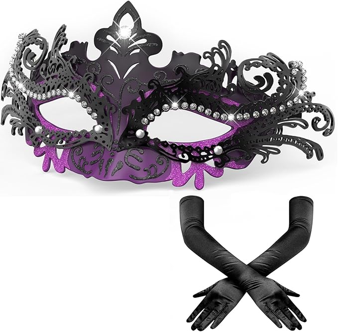 HSSPYY Women’s Masquerade Mask & Long Satin Opera Gloves Set – Elegant Rhinestone Costume Accessories for Adults – Elbow-L...
