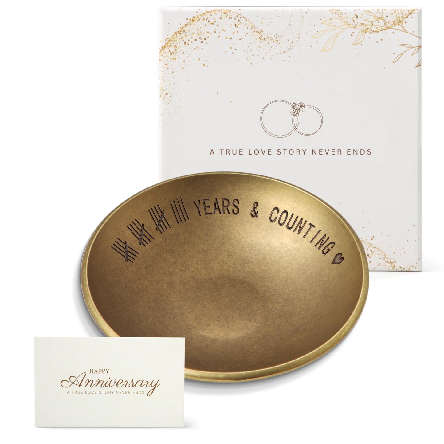 Urllinz Bronze Gifts for 19th Anniversary Jewelry Tray - Bronze Ring Holder Dish & Card & Box, 19 Year Wedding Gifts for Him Wife Her Couple, 4"