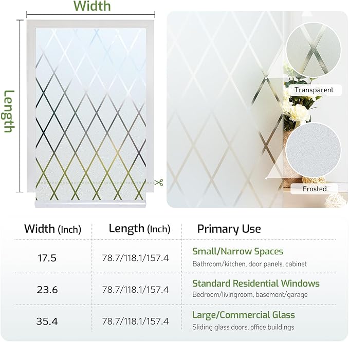 LUTE Frosted Window Privacy Film, Static Cling UV Sun Blocking Heat Control Window Cover, Removable Non-Adhesive Glass Sticker Vinyl Decorative Frosting Decals for Home Office, Lattice, 17.5" x 157.4"