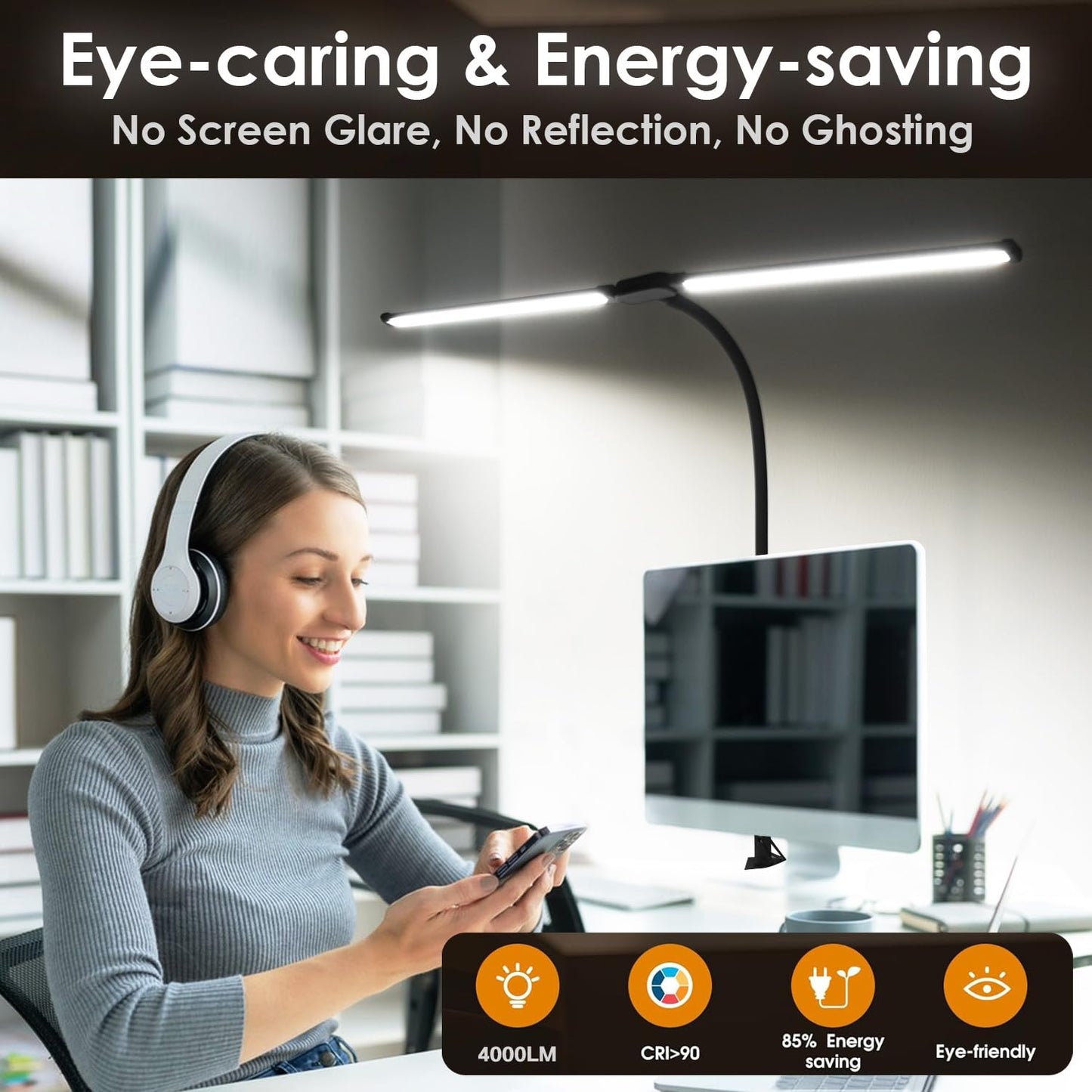 CeSunlight LED Desk Lamp with Two Heads, Clamp On Desk Lamps, 24W, 4000 LMS, CRI>90, 5 Color Modes (2600K-6500K), 10 Brightness Levels, Adapter Included