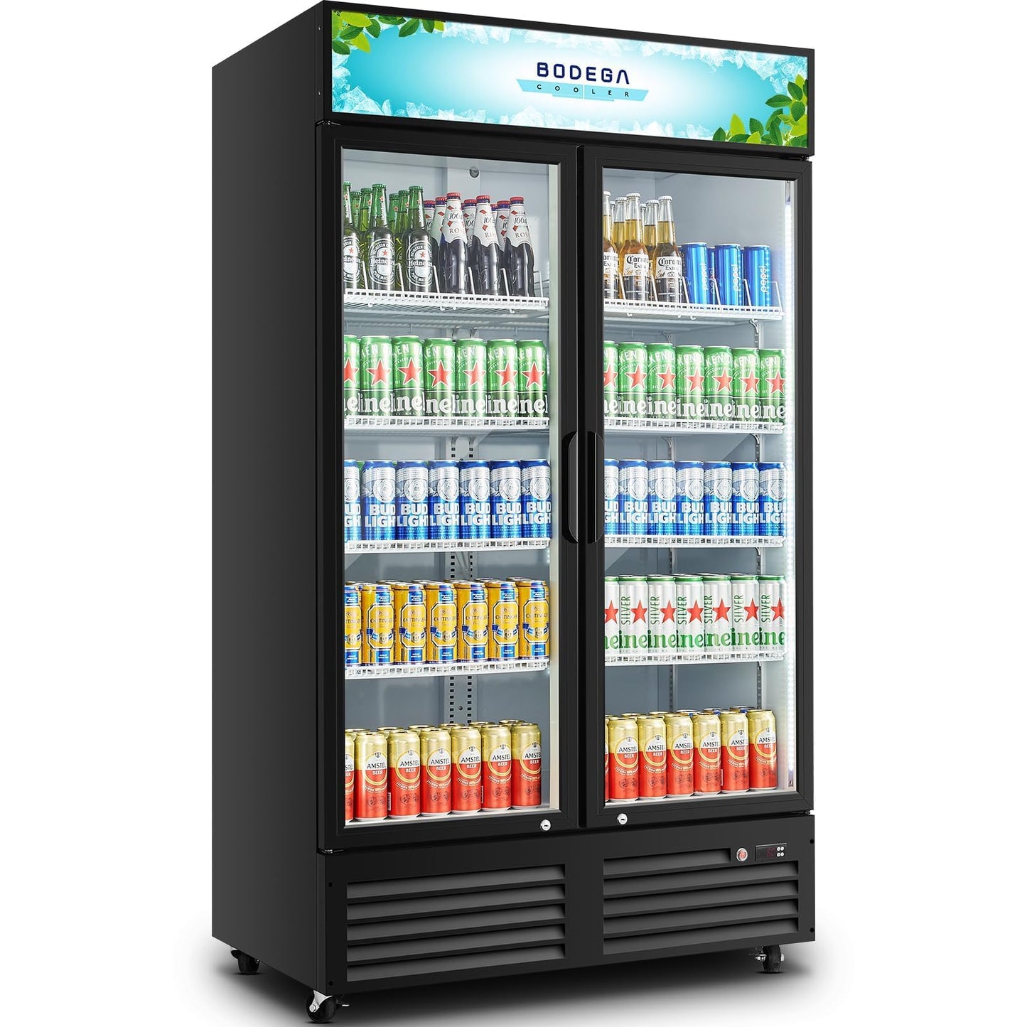 BODEGACOOLER Commercial Merchandiser Refrigerator,2 Glass Door Commercial Beverage Refrigerator, Beverage Display Cooler with Soft LED Light, Adjustable Shelves and 4 Strong Castors, 35.4 Cu. Ft,Black