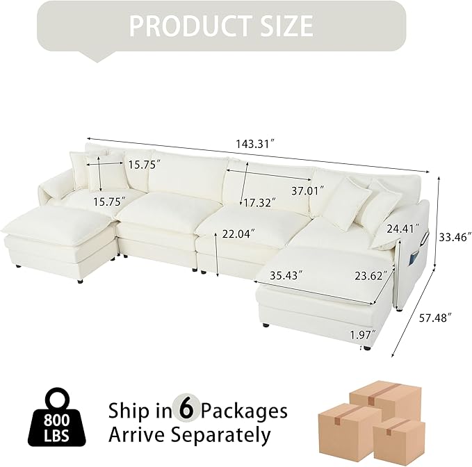 RENDGO 143" Modular Sectional Sofa, Chenille Cloud Couch for Living Rooms & Apartment, Deep Seat Comfort, Flexible U-Shape Combination Sofa for Family Guest Rooms,2 Ottoman,Beige