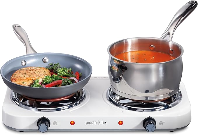 Proctor Silex Portable Electric Stove, Stainless Steel Double Burner Cooktop, Compact, Adjustable Temperature Hot Plate, 1...