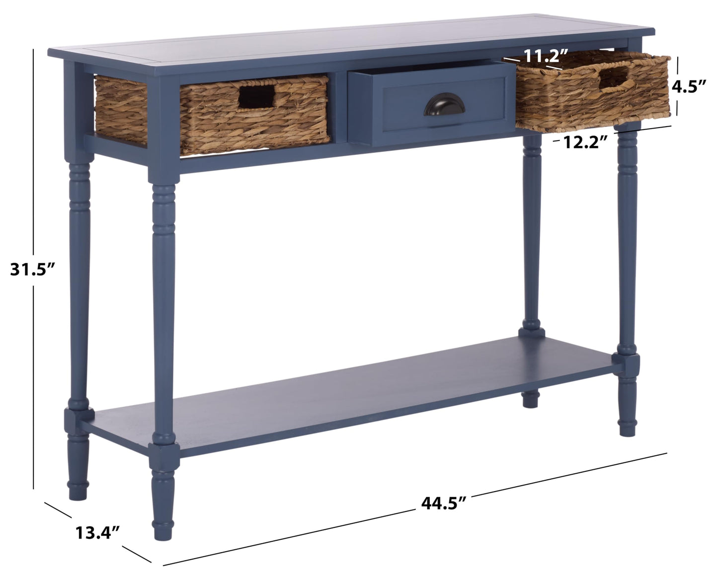 SAFAVIEH Home Collection - Christa Entryway Console Table, Blue Solid Wood 3-Drawer Storage Sofa Table with Rattan Baskets (AMH5737H)