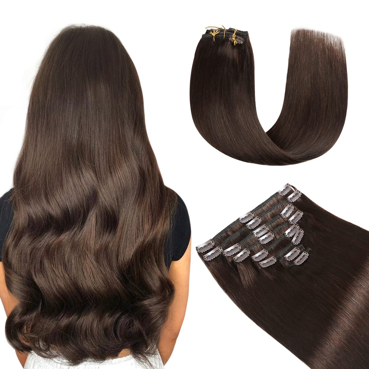 Yilite Clip in 18 Inch 120g 8pcs Real Human Hair Natural Silky Double Weft Hair Extensions (18inch #2 Dark Brown)