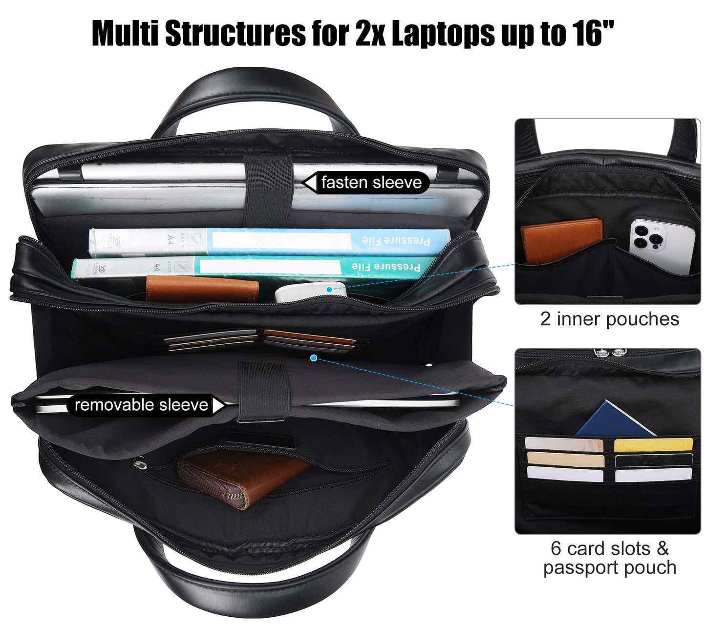 Masa Kawa Black Leather Briefcase for Men 15.6 Inch Laptop Computer Messenger Crossbody Shoulder Bag Business Travel Work Lawyer Teacher Brief Attache Case