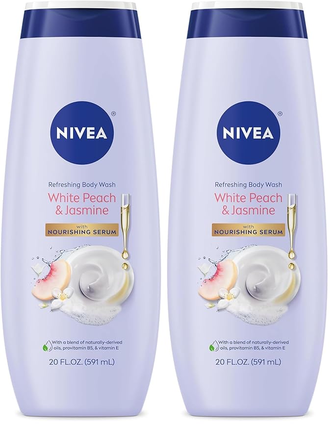 NIVEA Refreshing White Peach and Jasmine Body Wash with Nourishing Serum, Scented Body Wash for Women, Enriched with Provitamin B5 and Vitamin E, 20 Fl Oz Bottle (Pack of 2)