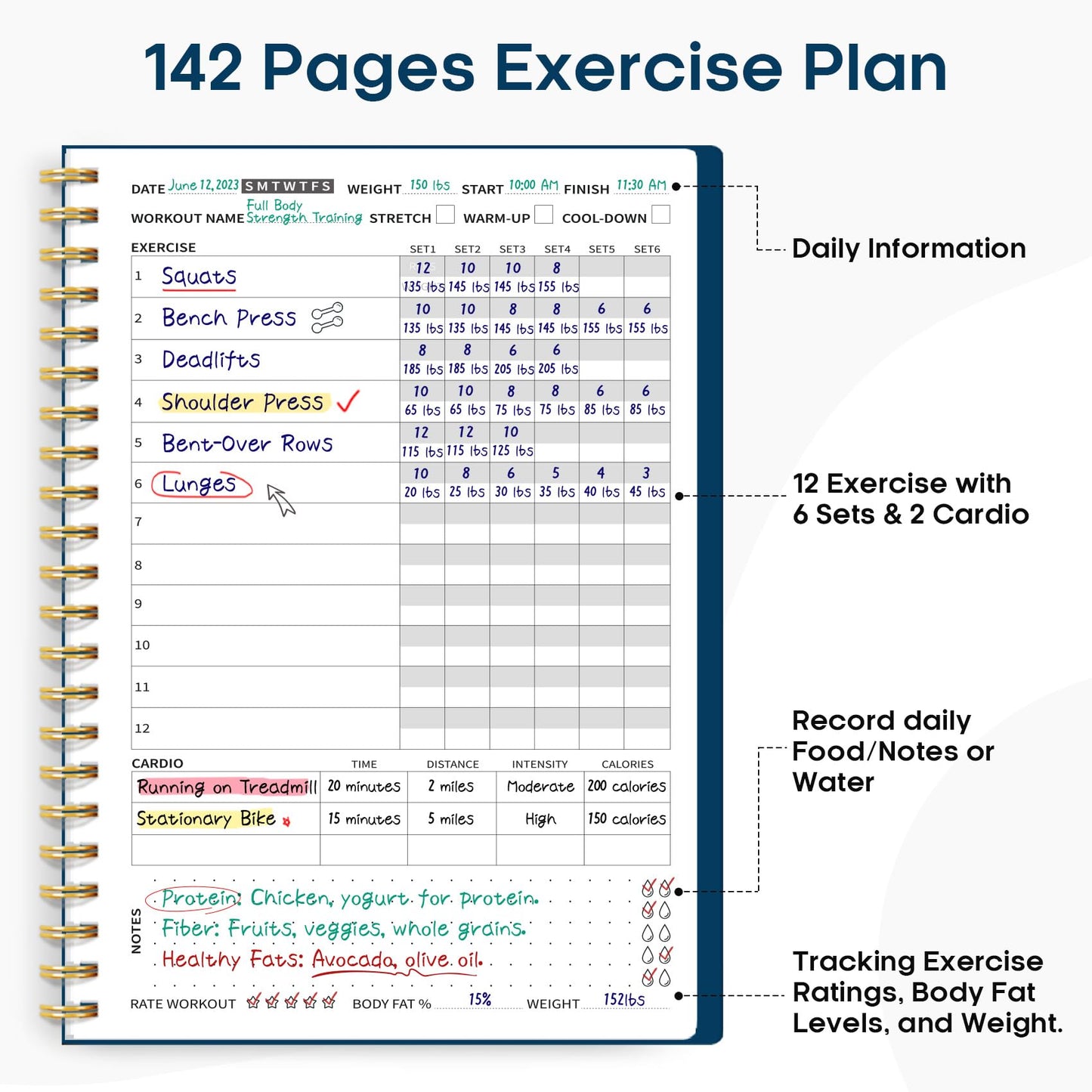 Fitness Workout Journal for Women & Men, A5(5.5" x 8.7") Workout Log Book Planner for Tracking, Progress, and Achieving Your Wellness Goals-Navy Blue