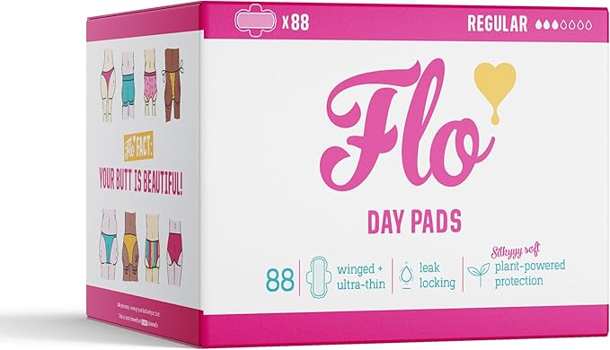 Flo - Day Menstrual Pads (88 Pack) - Regular Flow - Leak Locking - Winged + Ultra-Thin - Natural, Absorbent, Soft, & Breathable - Bamboo Period Pads for Women - Plant Based - Vegan & Cruelty Free