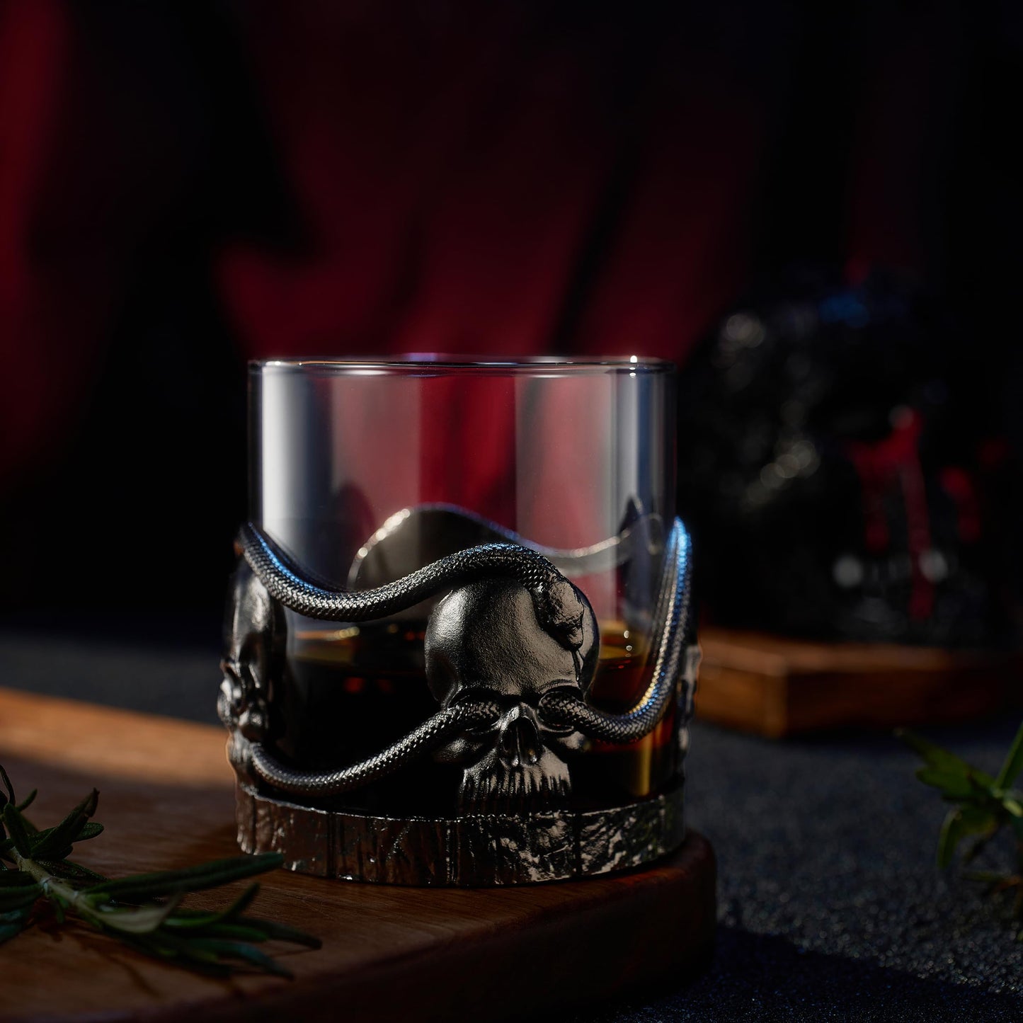 Skull & Snakes Pewter 2x Set Whisky Glasses, Whiskey, Wine, Beer & Water -12.5oz - Water, Rum, Brandy & Scotch, Elegant, Goth Gift Spooky Crystal Cup, Gifts Men & Women, Old Fashioned Skulls Glass