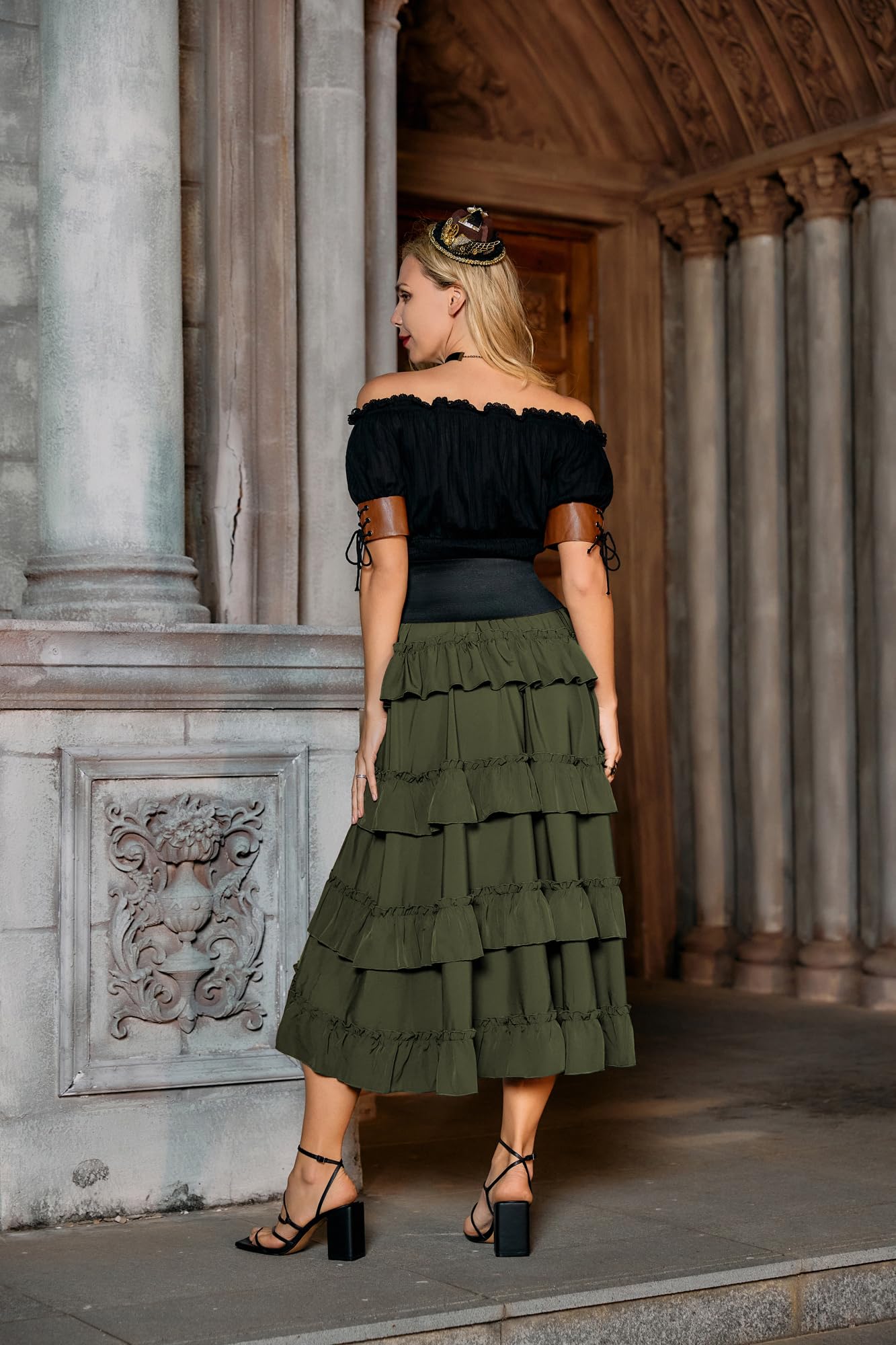 Scarlet Darkness Women Steampunk Victorian Skirts Hig-low Pirate Costume Renaissance Skirt Army Green S