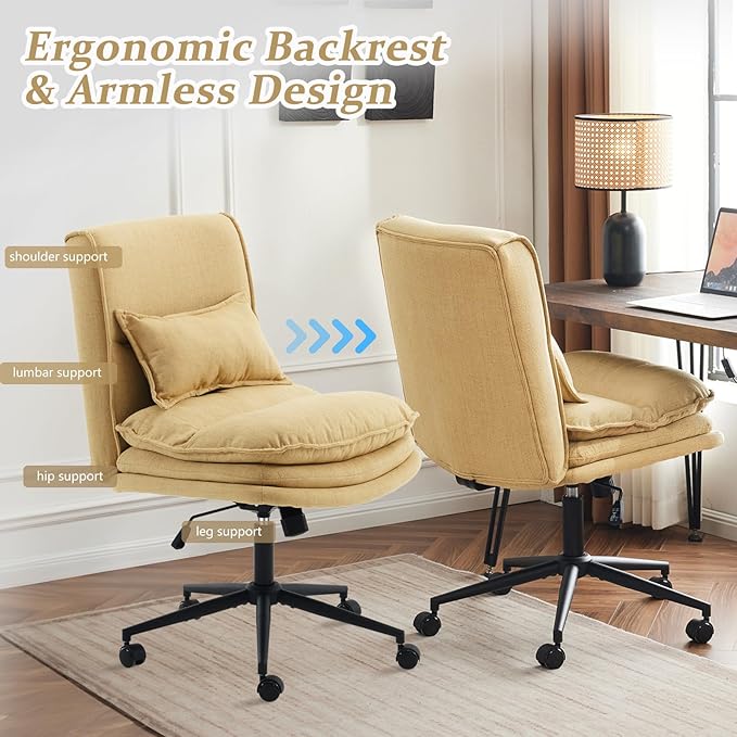 VINGLI Cloud Criss Cross Legged Chair,18" High Back Armless Home Office Desk Chair with Wheels,Wide Adjustable Comfy Padded Seat Task Computer Chair,Modern Swivel Makeup Vanity Chair,Fabric,Yellow