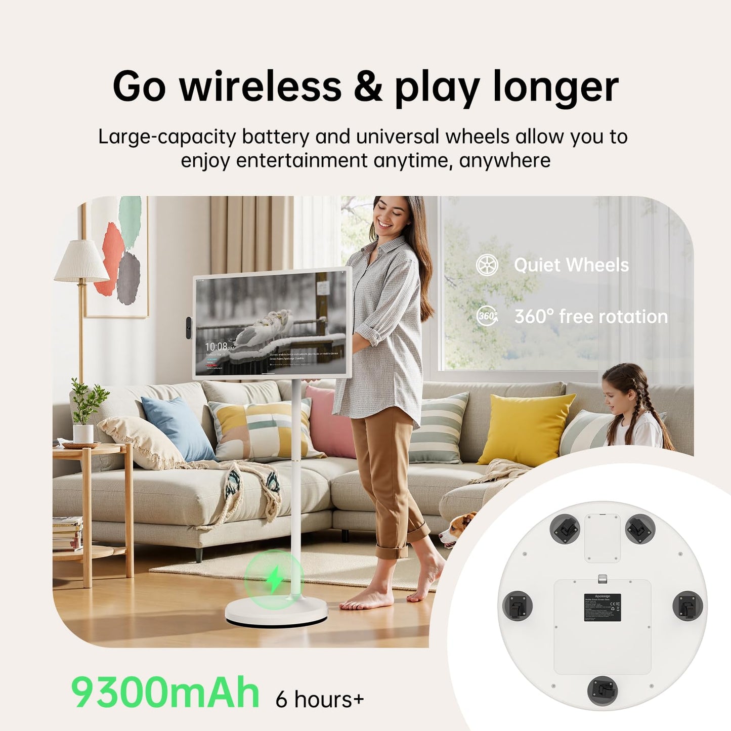 ApoloSign 32 inch FHD Smart Portable TV Gen2, 16G +128G Storage, Android OS, 15000mAh, Rolling TV on Wheels with Rotatable Touch Screen, Built-in Battery, Full Swivel Rotation, Voice Remote