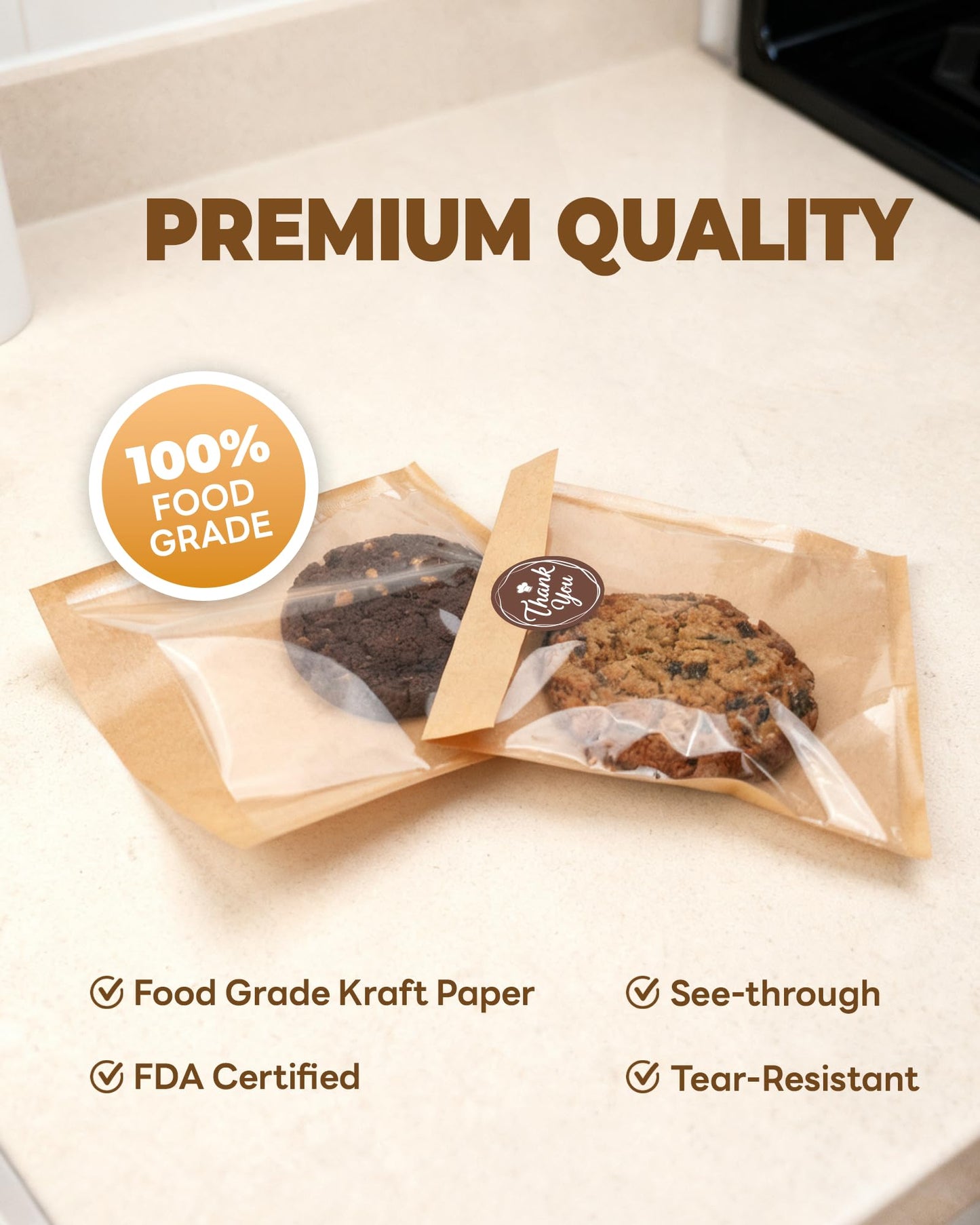 Bake Choice 100PCS Cookie Bags with Seal, 5.7x6.5 Inch Individual Cookie Packaging Bags for Gift Giving, Heat Sealable & Grease Proof Bakery Bag with Window, Baked Goods Packaging