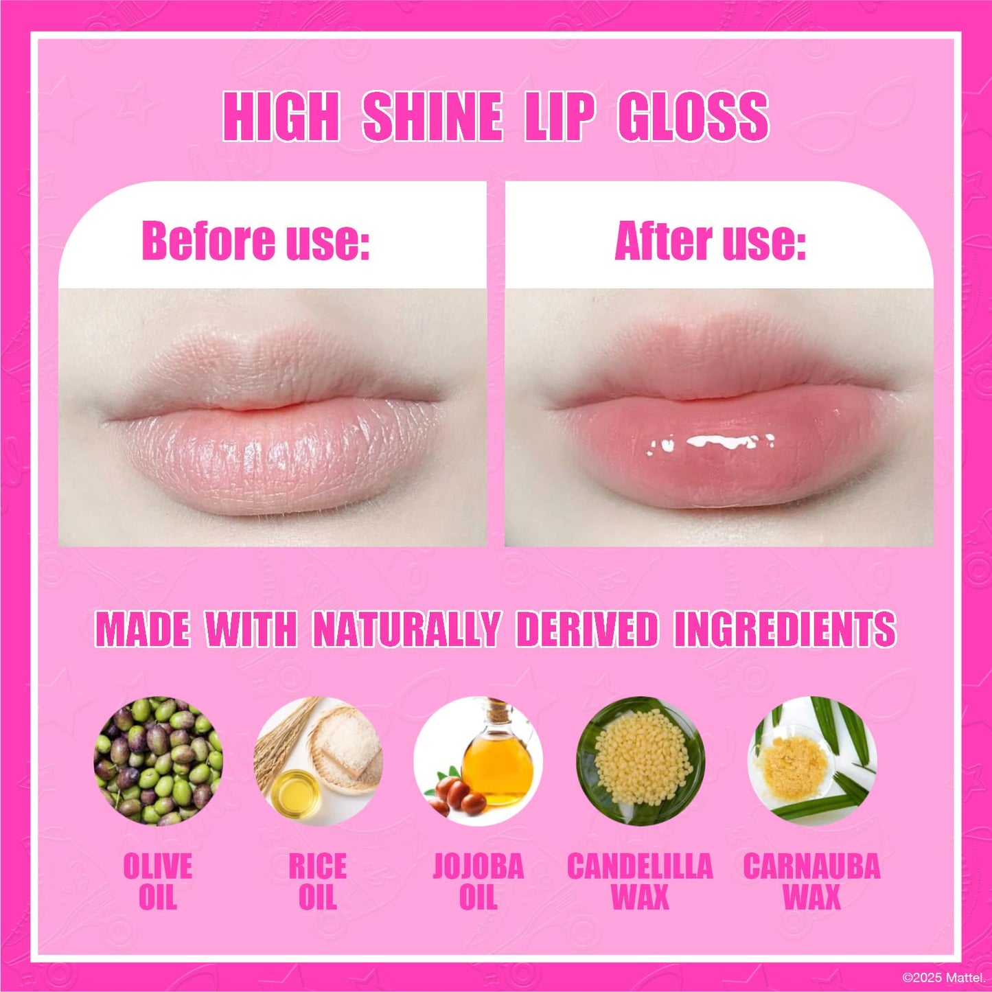 Barbie 7 Piece Plant Based Lip Gloss, Girls Party Favors, First Makeup Set for Girl, Perfect for Parties, Sleepovers, and Birthd