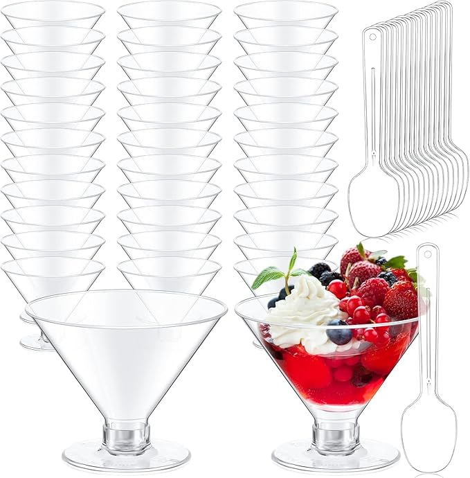Yinkin 50 Cups and 50 Spoons Plastic Martini Glasses Disposable Cocktail Glasses Mini Martini Plastic Cups Dessert PVC Sho...