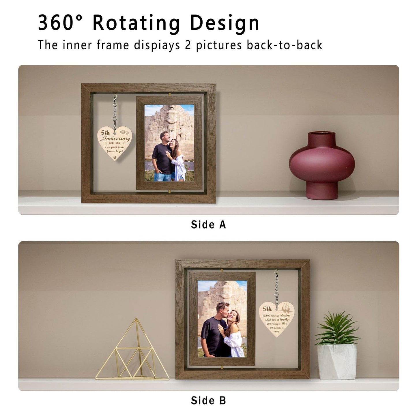 EYITUPC 5 Year Anniversary Picture Frame Gifts for Her Him, Wood 5th Wedding Anniversary Photo Frame for Wife Men Husband, Display 2 4x6 Inch