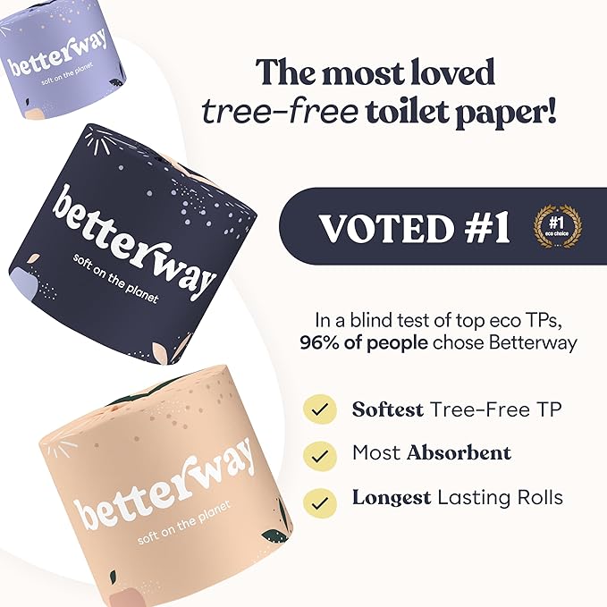 Betterway Bamboo Toilet Paper 3 Ply - Sustainable Toilet Tissue - 36 Long-Lasting Organic Rolls & 360 Sheets Per Roll - Septic Safe - Plastic & PFAS Free - FSC Certified