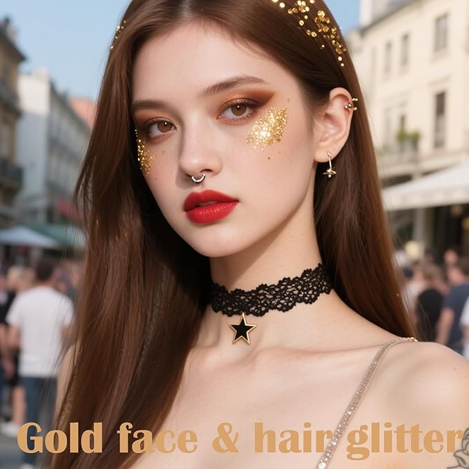 Gold Hair Glitter Stick for Kids,Yellow Body Face Glitter Makeup,Singer Concert Outfits for Women,Rave Mardi Gras Accessories Carnival Chunky Sequins,Waterproof Shimmer Body Face Paint