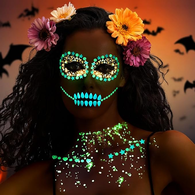 YGDZ Glow in The Dark Body Glitter, Face Glitter Gel, Mermaid Face Gems Kit, Hair Glitter Jewels for Halloween Makeup, Festival Outfits for UV Black Light Party, Rave Accessories for Women