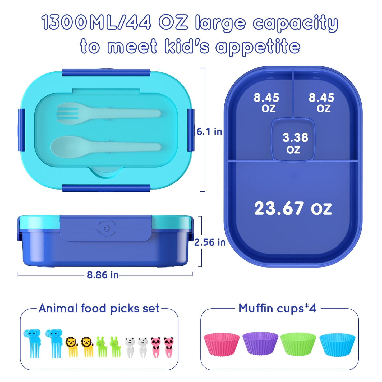 TIME4DEALS Kids Bento Lunch Box Leakproof Lunch Box with 4 Compartments Lunch Containers with Tableware Kids Bento School Lunch Boxes with Container 44oz, Microwave Dishwasher Freezer Safe (Blue)