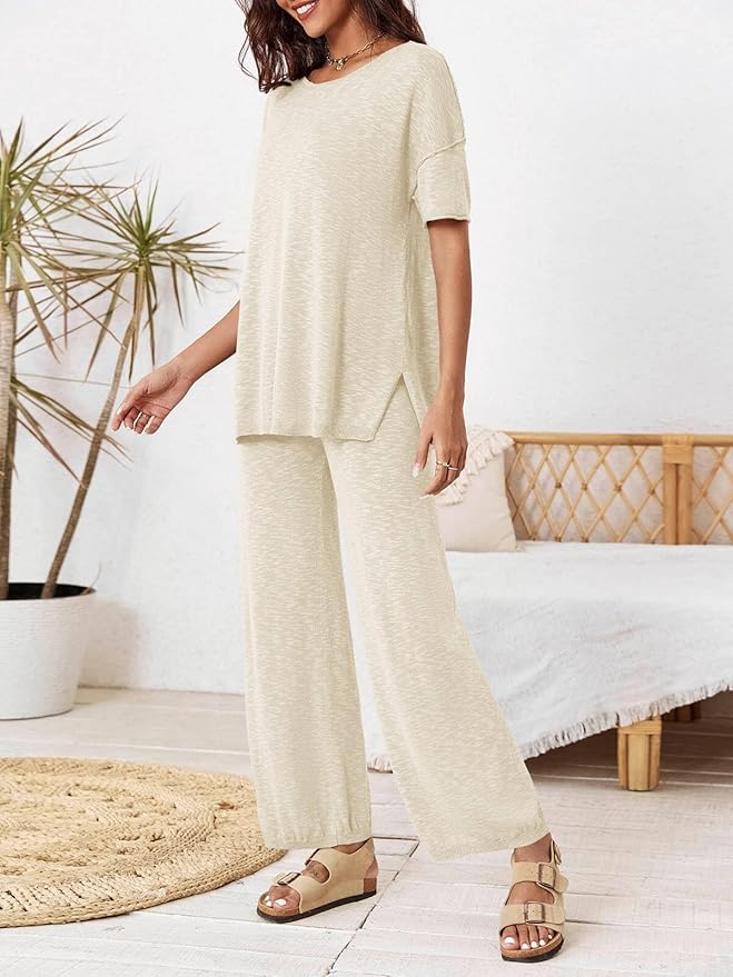 Tankaneo Women's 2 Piece Travel Outfits Casual Short Sleeve Knit Sweater Set Wide Leg Pants Lounge Sets Tracksuit