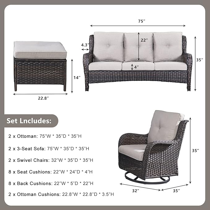 Rilyson Wicker Patio Furniture Set - 6 Piece Rattan Outdoor Sectional Conversation Sets with 2 Rocking Swivel Chairs,2 Ottomans and 2 Sofa for Porch Deck Garden(Brown/Beige)