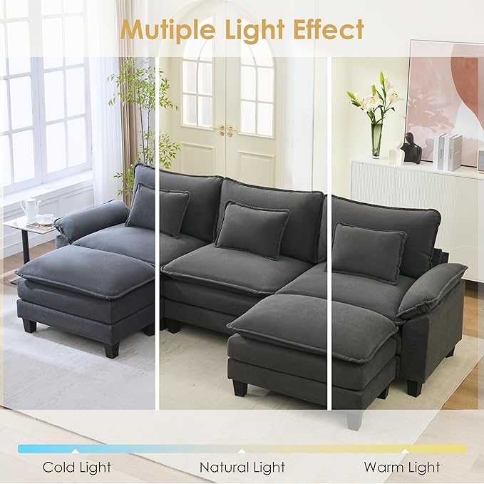 URRED Cloud Couch Modular Sectional Sofa, 122" Modern U Shaped Deep Seat Sofa with 2 Ottomans & Pillows, Ultra Comfy Velvet Couches for Living Room, Bedroom or Apartment, Dark Gray