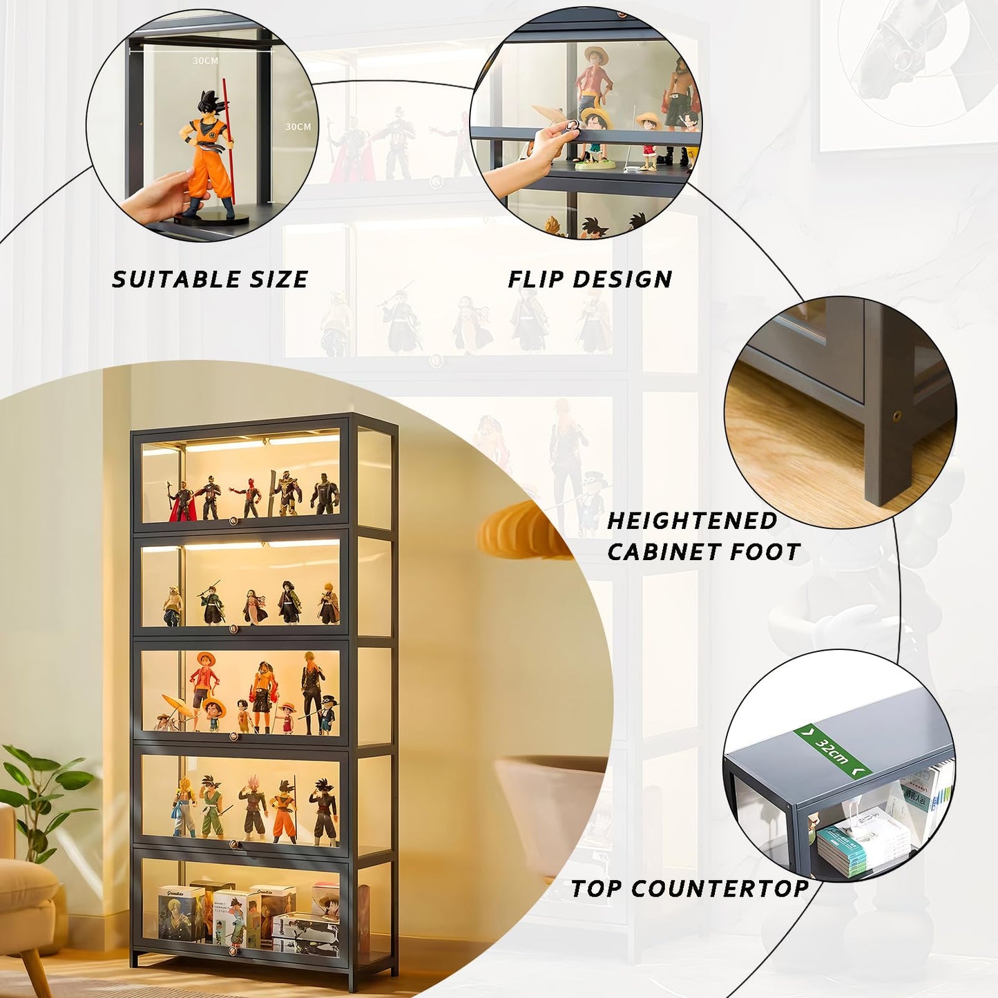 ouioyggk Display Cabinet with Acrylic Glass Door, 5-Tier Curio Display Case, Collectibles Toy Organizers Rack & Display Shelf, Kids Bookcase for Home, Office, Playroom, Living Room, Grey