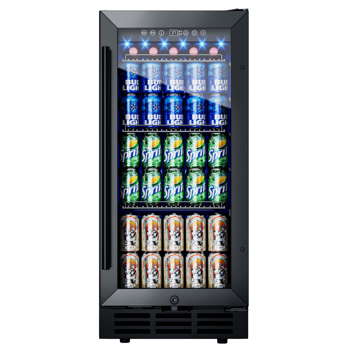 ICEVIVAL 15 Inch Beverage Fridge, 132-Can Capacity Under Counter Refrigerator with Blue LED Display, Beverage Refrigerator with Glass Door & Adjustable Shelves for Home, Bar, Office (Black)