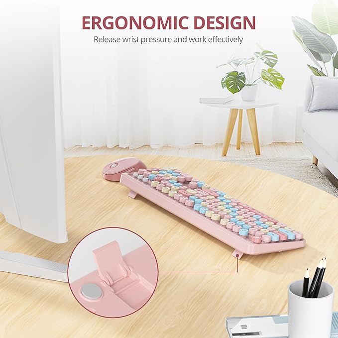 Owpkeenthy Pink Keyboard and Mouse Wireless, Cute Colorful Typewriter Keyboard Full-Sized with Number Pad Round Keycaps for Desktop, Laptop and Computer(Coloful Pink)