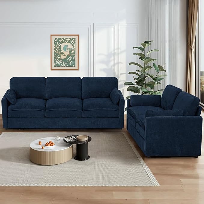 ACMEASE 2 Pieces Chenille Sofa Set w/Arm Pillows, Upholstered Loveseat & 3 Seater Sofa w/Comfortable Back Cushions, Modern 2-Seat & 3-Seat w/High-Density Foam for Living Room, Apartment, Blue