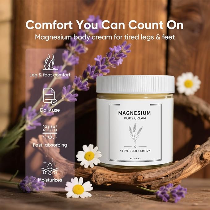 Neuropathy Cream, Nerve Relief Lotion with Magnesium Chloride and Pure Ingredients, for Foot & Leg Care, Fast-Absorbing, Non-Greasy Formula, 120ml