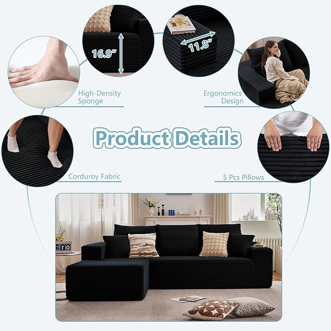 107" W Cloud Sectional Couch with L-Shape Chaise, Modern Corduroy Boneless Couch for Living Room,Memory Foam Sofa with Deep Seat,No Assembly Required (Black,Left-Facing Chaise)