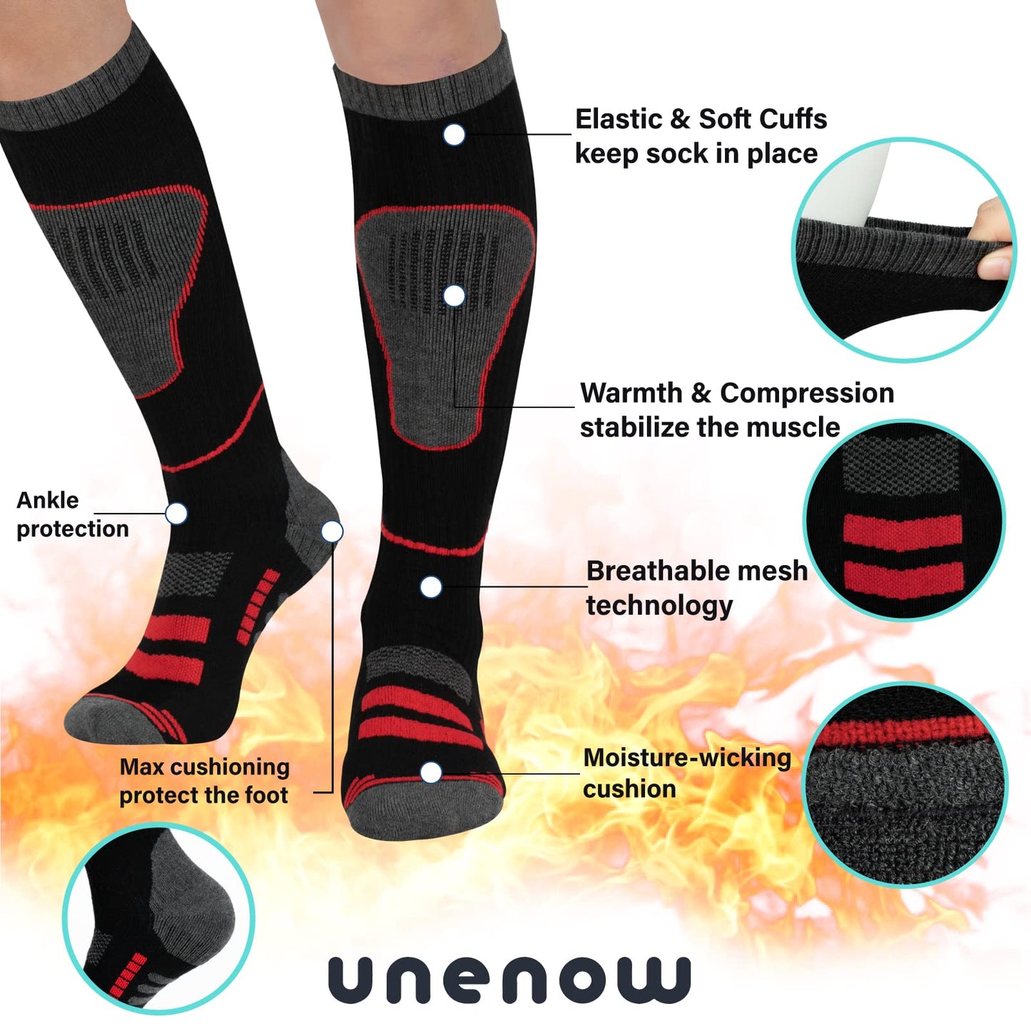 Merino Wool Ski Socks 2 Pairs, Thermal Knee High Warm Socks for Snowboarding, Hiking, Cold Weather, Snow, Hunting