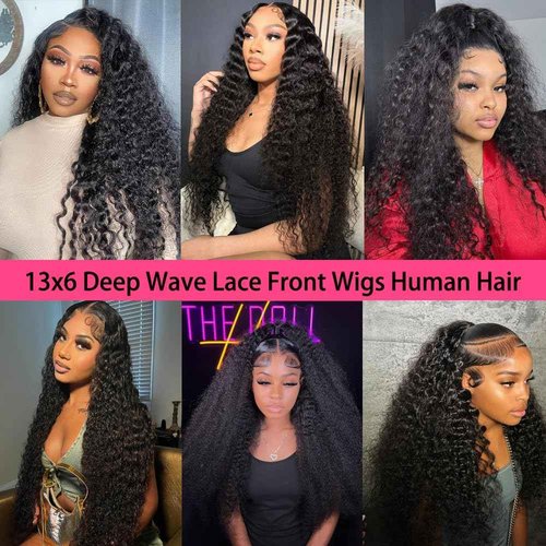 MMFZPHEIR Deep Wave Lace Front Wigs Human Hair 200% Density 13x6 HD Transparent Deep Wave Frontal Wigs Human Hair With Baby Hair(26 Inch)