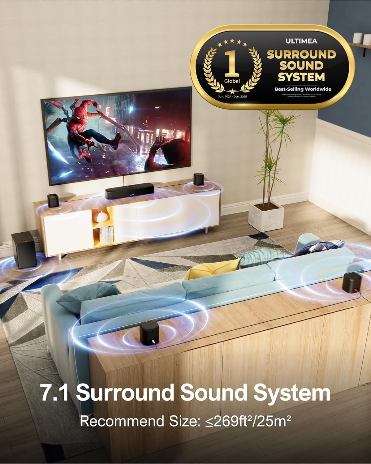 ULTIMEA 7.1ch Sound Bar with Subwoofer, 330W Peak Power, Virtual Surround Sound System for Smart TV, Home Theater Soundbar with 4 Surround Speakers, App Control, Opt/AUX/BT, Aura A40 (2026 Upgraded)