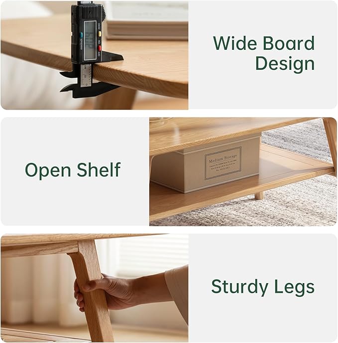 Wayshome 100% Solid Oak Wood Coffee Table for Living Room, Small Table with Shelf Storage, Mid Century Modern Coffee Tables with Rounded Corners for Home (Natural, 31.49" x 19.68" x 17.32")
