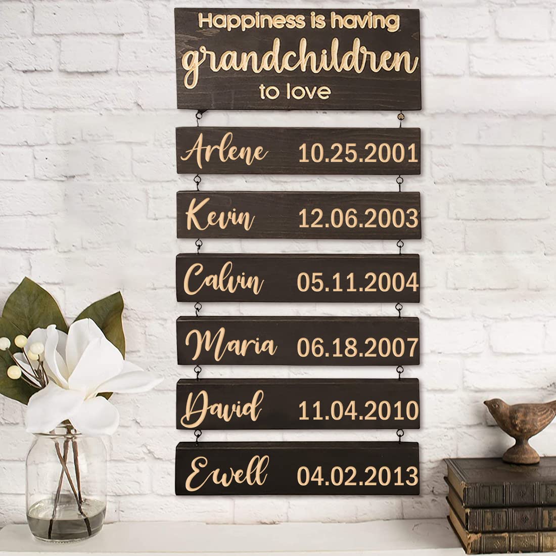 Amabery Happiness is Having Guandchildnen to Love Wood Sign Wall Hanging with 1-10 Names Birth Dates Personalized Grandparent Family Name Plaque Grandmother Grandfather Gift Ideas for Home