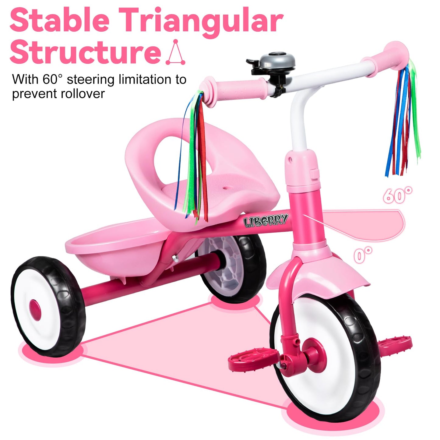 Liberry Toddler Tricycle Age 2 3 4 Years Old, Kids Trike with Bell, Back Basket and Removable Pedal, 3 Wheel Bike Birthday Toys Gift for Boys Girls, Pink