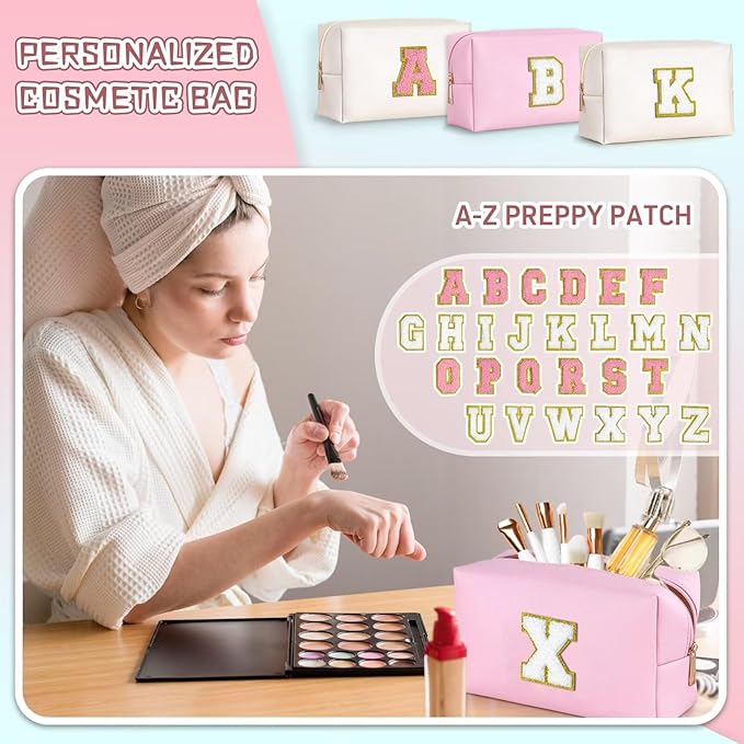 TOPEAST Personalized Chenille Letter Pouch Cosmetic Bag with Zipper, Travel Toiletry Bag, Monogrammed Birthday Gift for Women